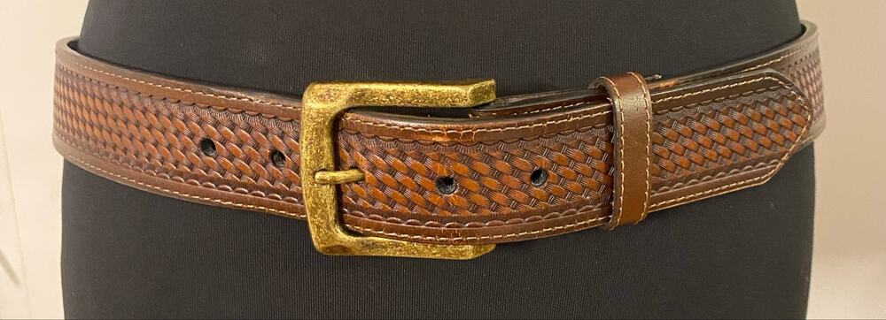 Men’s Brown Basketweave Leather Belt Size 36 Western Brass Buckle Rustic Country